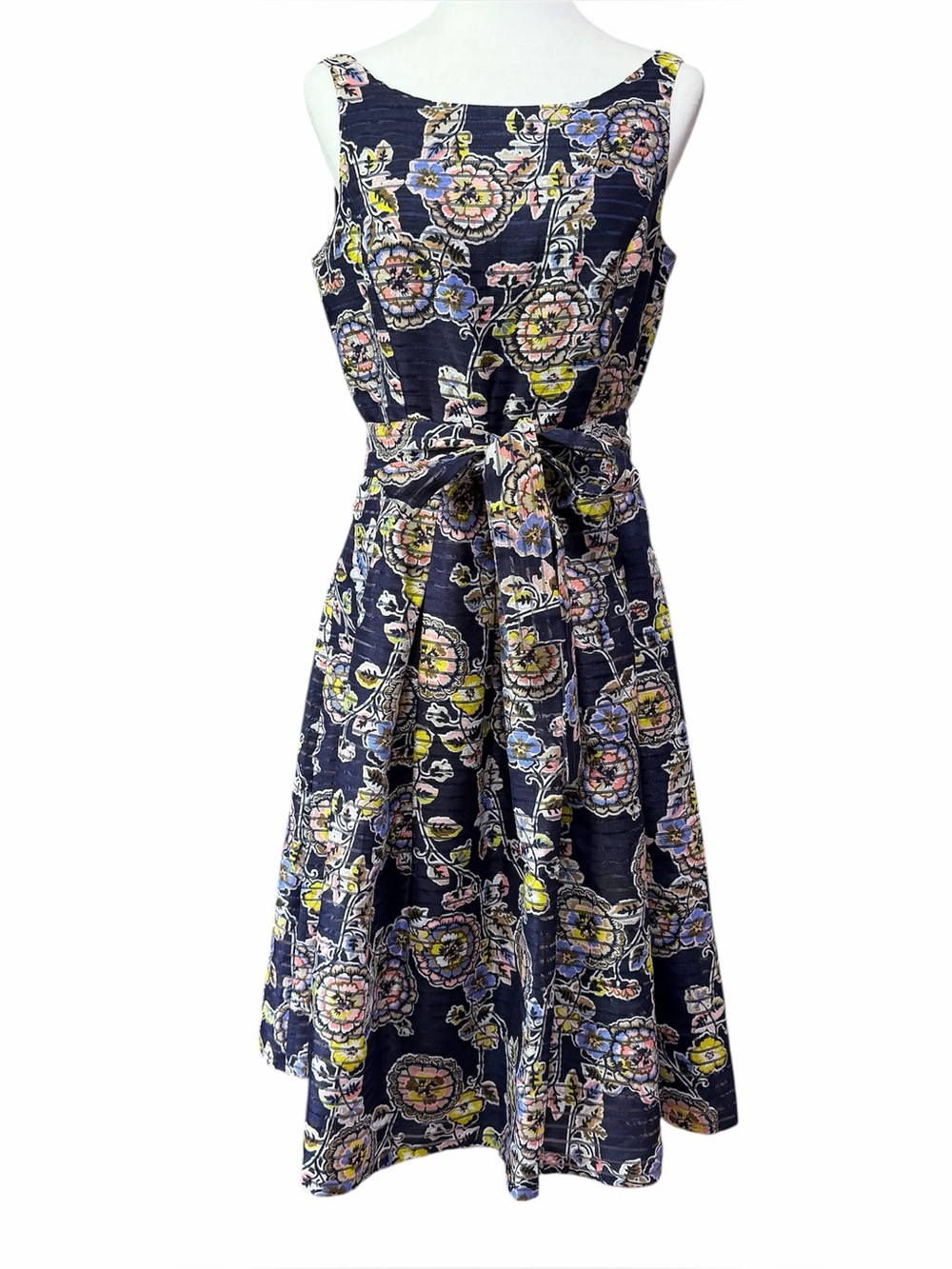 Tommy Hilfiger Navy Blue Pleated Organza Floral Tie-Waist Midi Dress US 8
